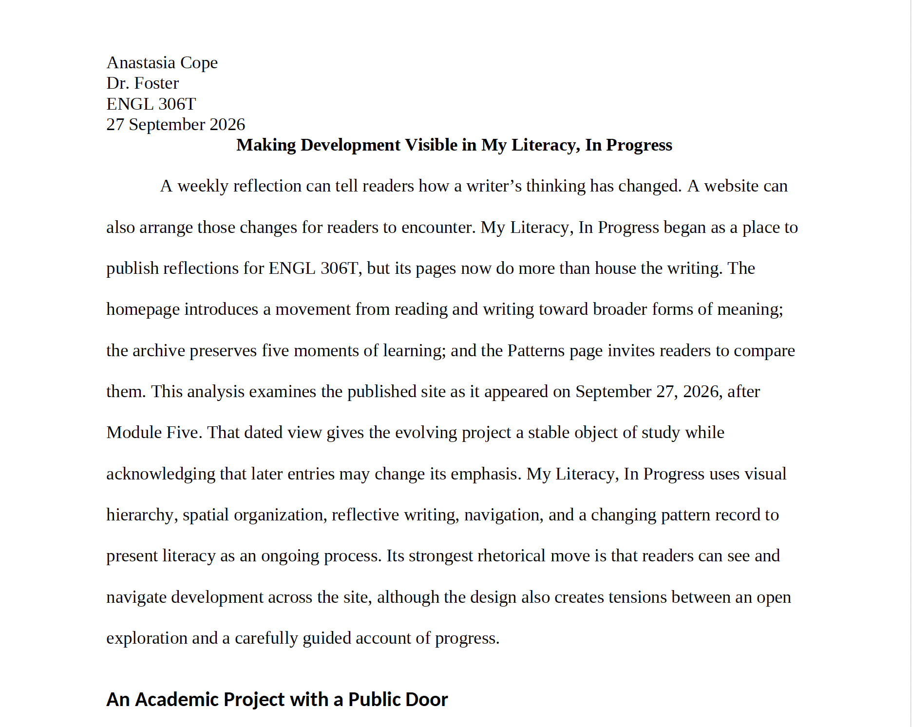 Earlier analysis draft formatted as a traditional academic paper, with a compact heading and long lines of uninterrupted text.