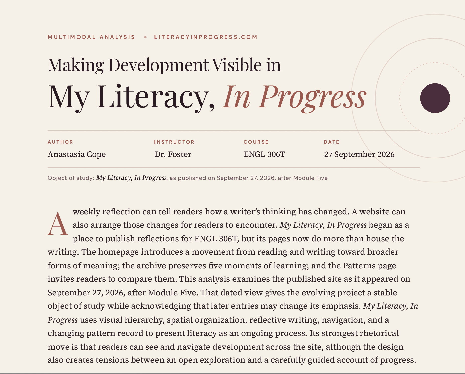 Multimodal revision of the same analysis, using a large editorial title, structured metadata, a site-inspired color palette, a drop cap, and generous white space.